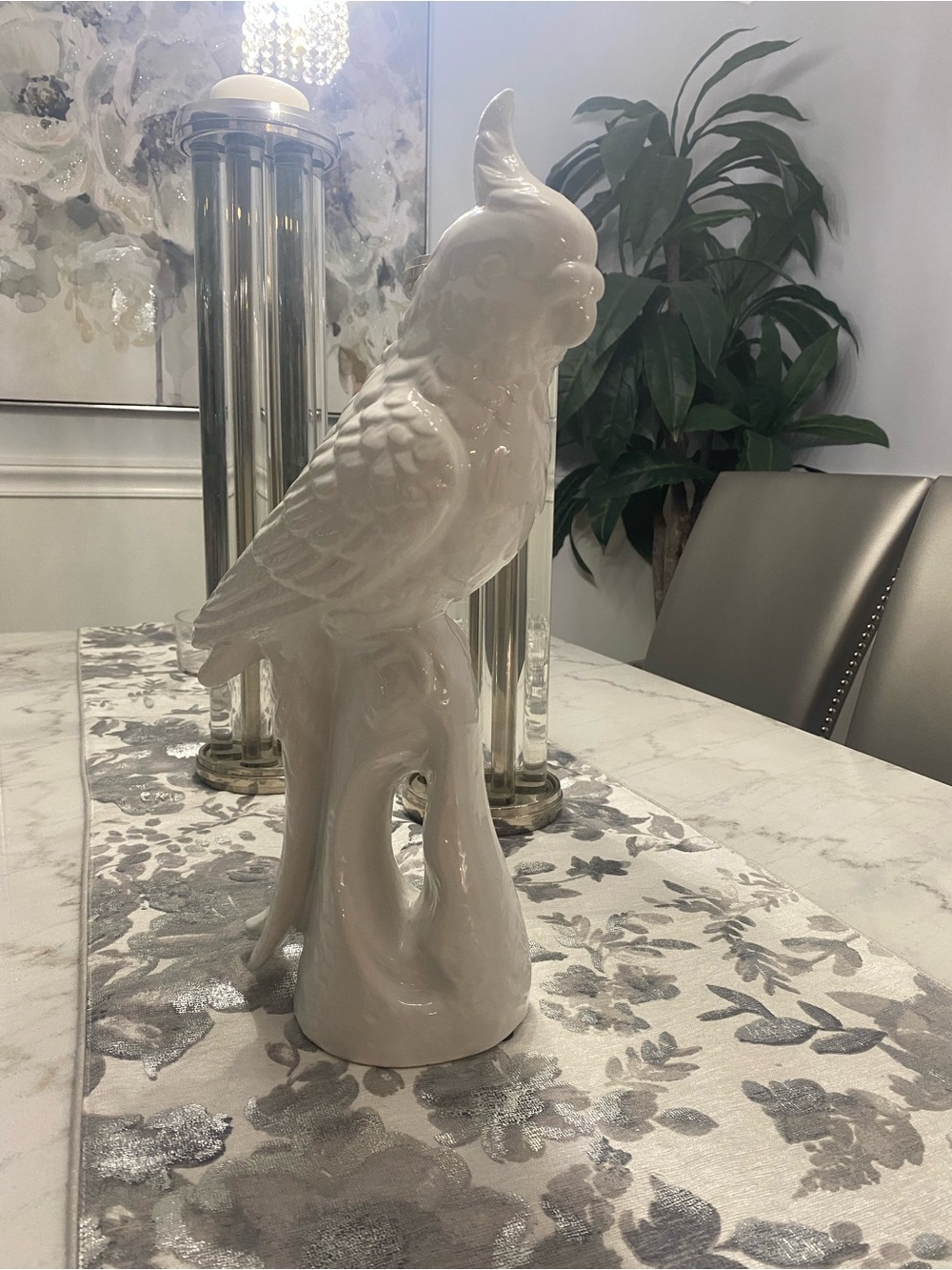 White Ceramic Cockatoo Sculpture 17” Parrot Home Accent
